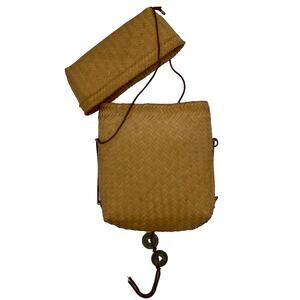 Handmade Woven Bag Backpack Vintage Basket Tan Bamboo With Lid & Chinese Coin